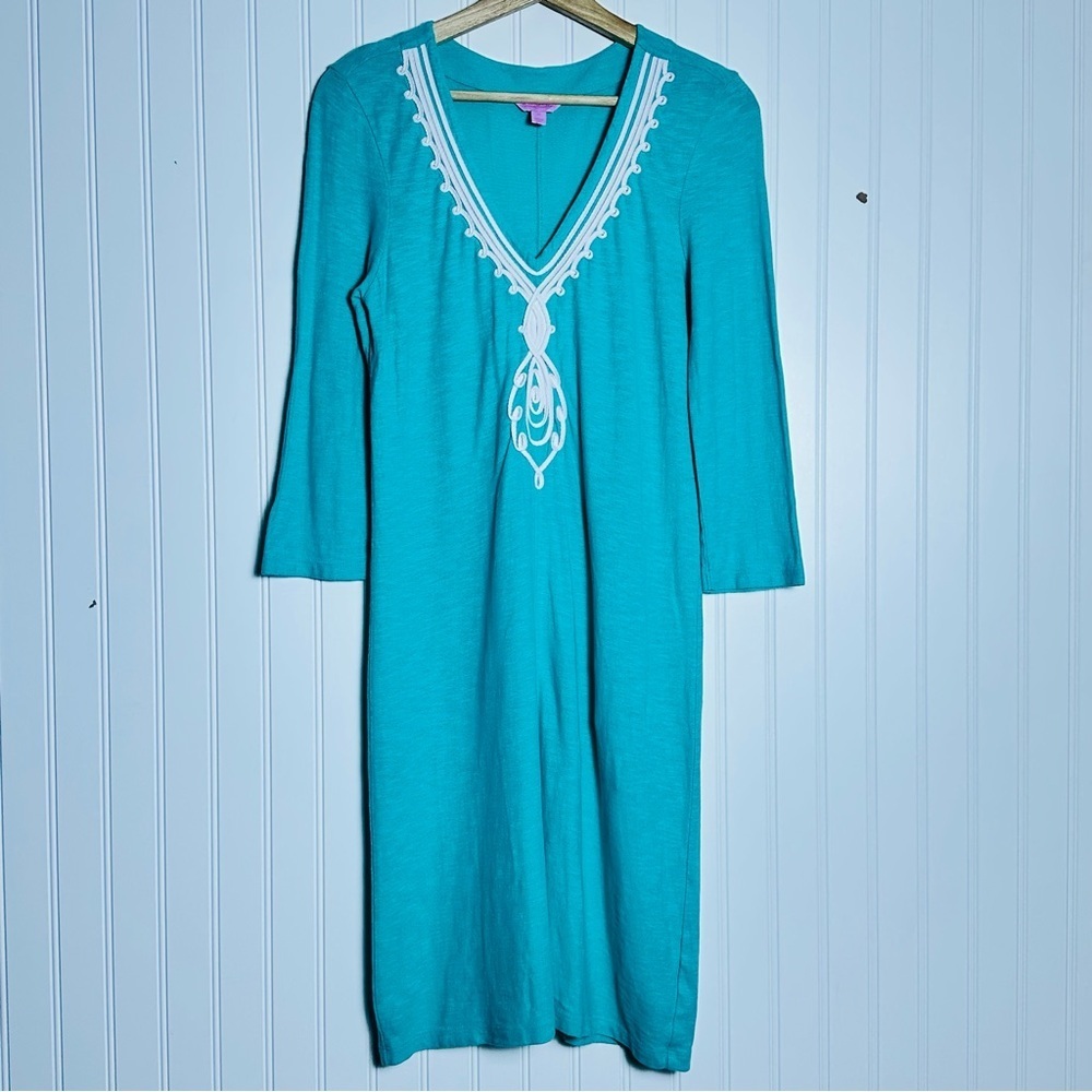 LILLY PULITZER Tidewater Tunic Dress M Classic 3/4 length sleeves V Neck cotton - Picture 3 of 9